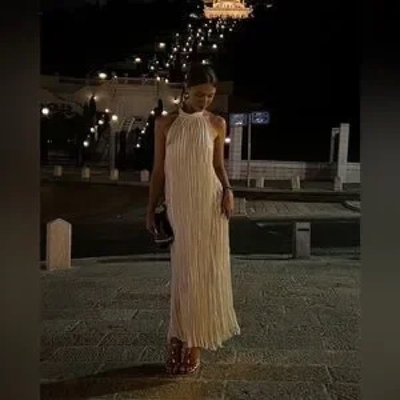 Zara Dresses & Skirts - Zara Cream Pleated Maxi Dress - Sleeveless High Neck